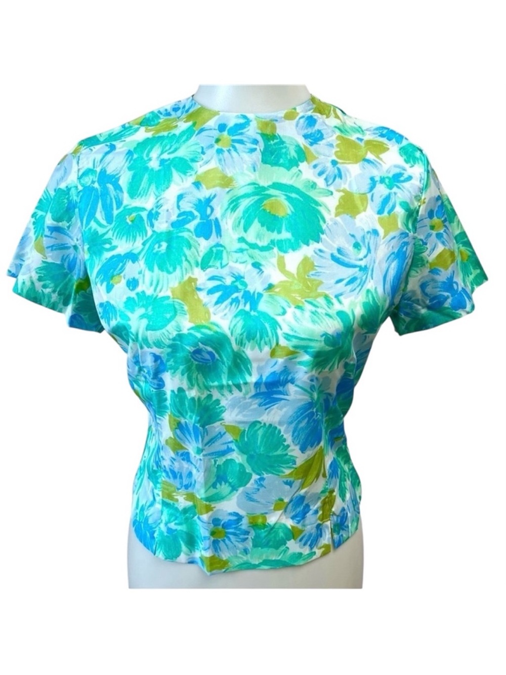 Vintage Mid Century Mod Judy Bond Silky Impressionist Floral Blouse